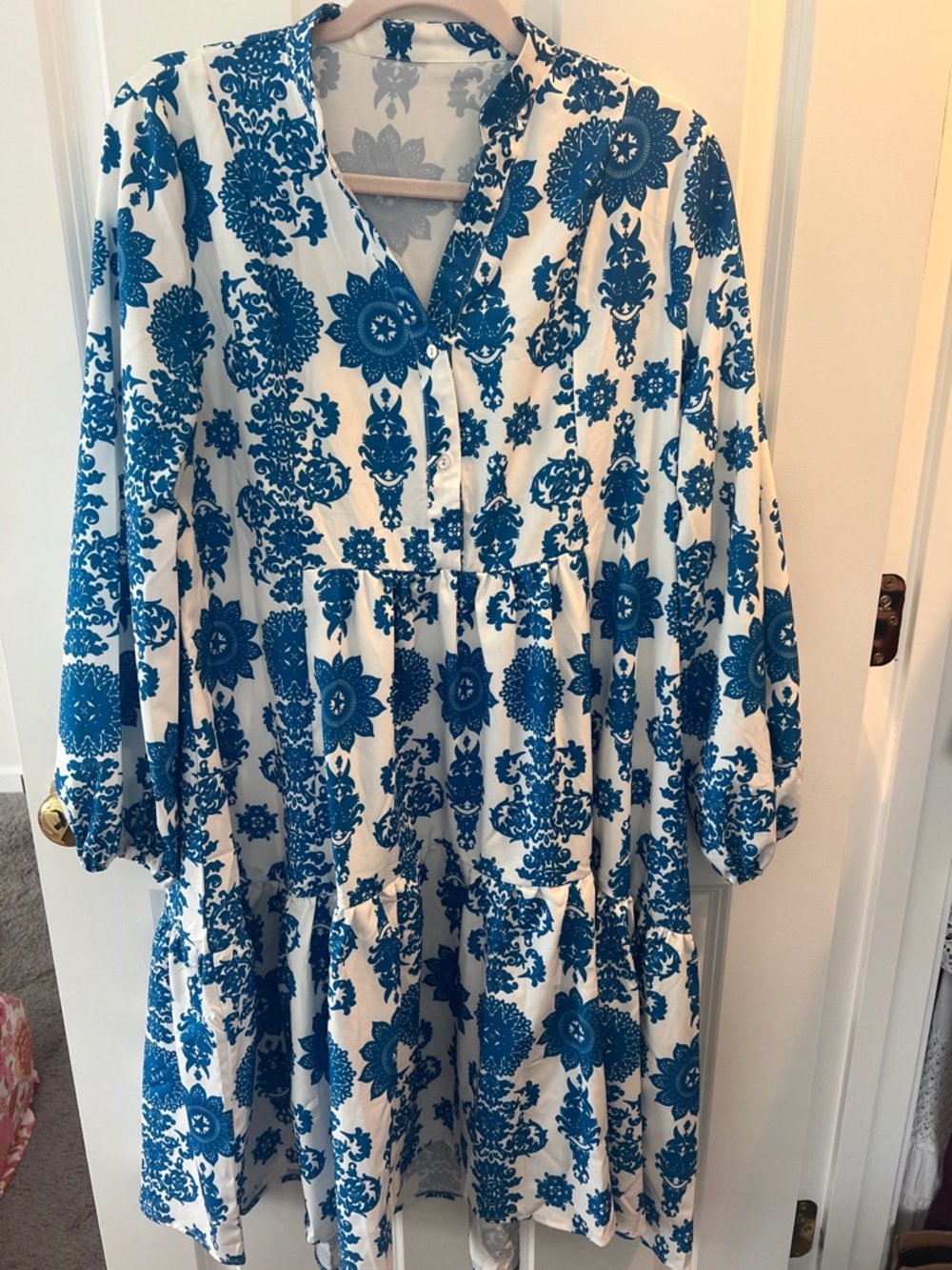 Blue and White Floral Tiered Dress